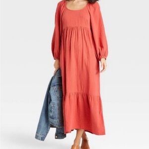 Universal Thread Coral Tiered Midi Dress Long Sleeves & Pockets-Women's Large